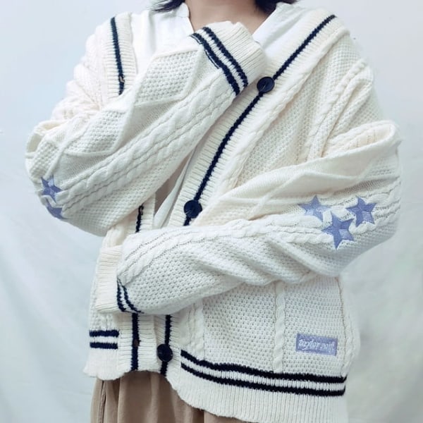Taylor Swift Star Folklore Cardigan Stjerne Broderet Oversized Strikket Knaptrøje Beige S