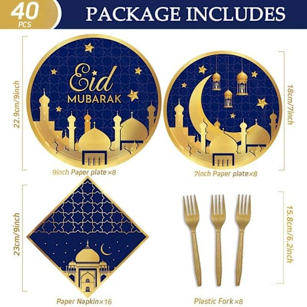 EID Mubarak Engangstallerkener, Kopper og Servietter