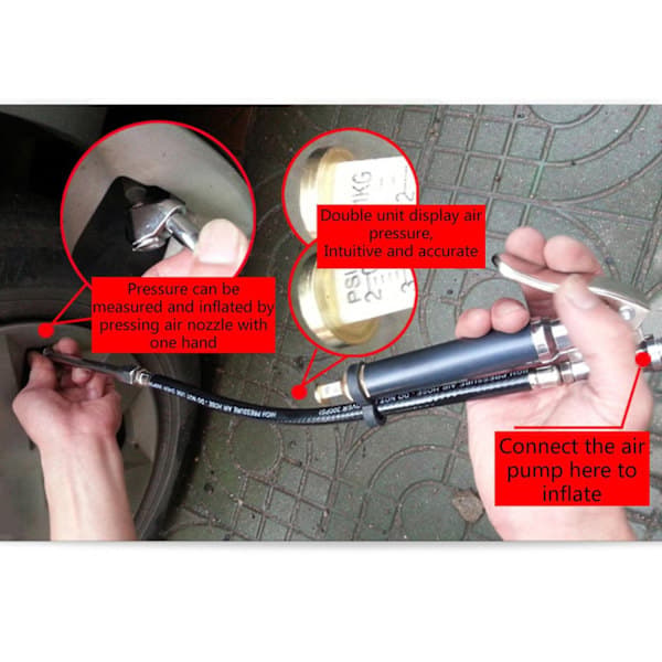 Bil Luftkompressorslang Däcktrycksmätare Manometer Testare Chuck Röd_ NN