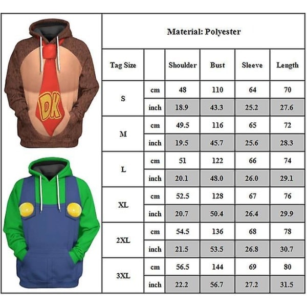 Mario Luigi Peach Bowser Donkey Kong Kostym Vuxna Hoodies Unisex Långärmad Tröja Super Mario Bros Film Huvtröja Cosplay Kostymer Donkey Kong L
