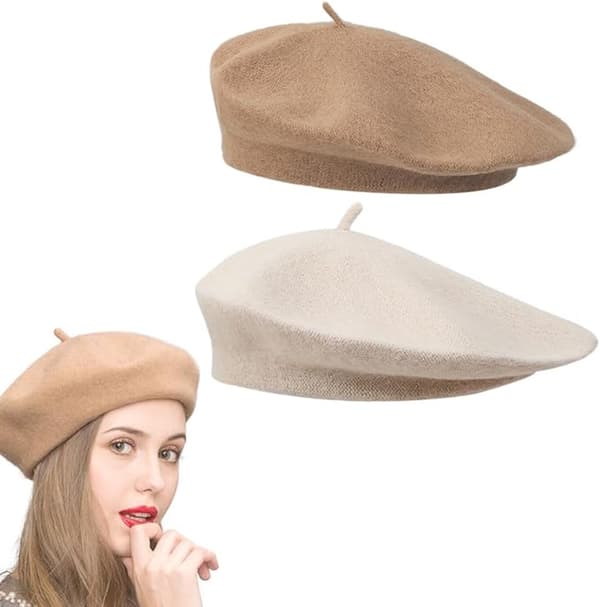 2-pak damebaretter, varme franske kunstnerhatte i akryl til efterår og vinter, beige og kamel, medium 56-58 cm