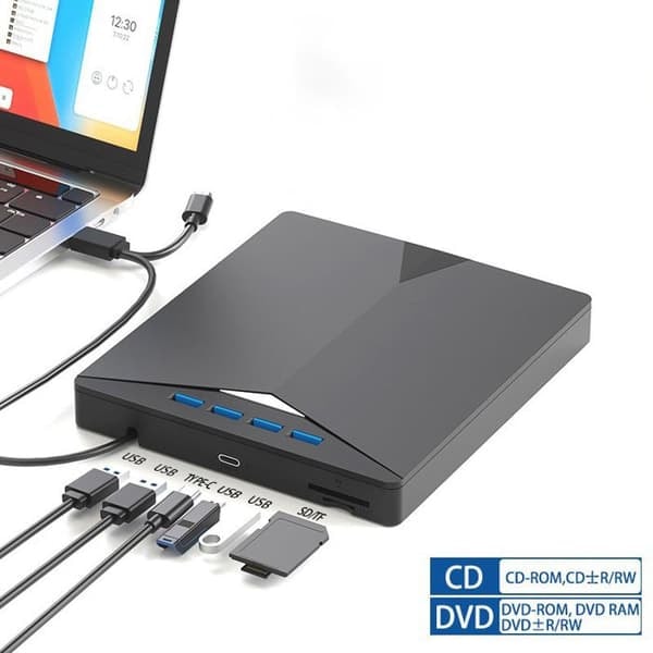 Ekstern DVD/CD-ROM-læser og -brænder - Sort, med SD/TF-kortlæser og USB - til Windows 7/8/10/Vista/XP/Mac OS_NN