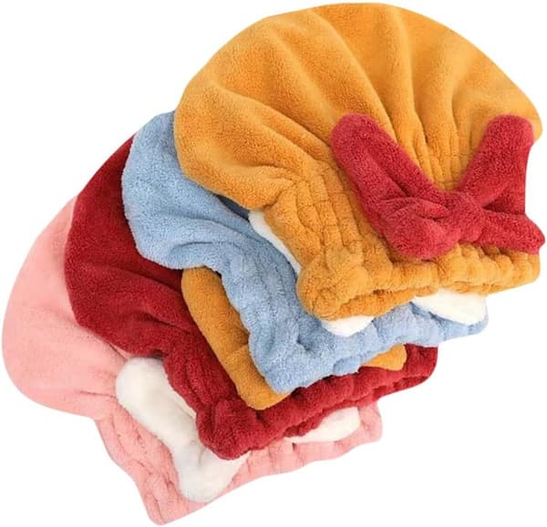 4-pack hårhandduksinpackningar, superabsorberande mikrofiber korallfleece torkmössor med rosetter, hårvård efter duschen, 25 x 30 cm