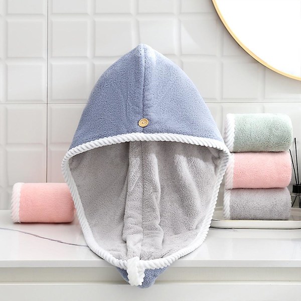 Hårhåndklæde Wrap, Hår Turban Håndklæde Twist Turban Tør Hår Hætter med Knapper Tør Hår Hat Blågrå