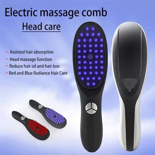 Kam til hovedbundsmassage - Med rød/blå lysterapi - Vibrationsmassage mod hårtab (Sort)