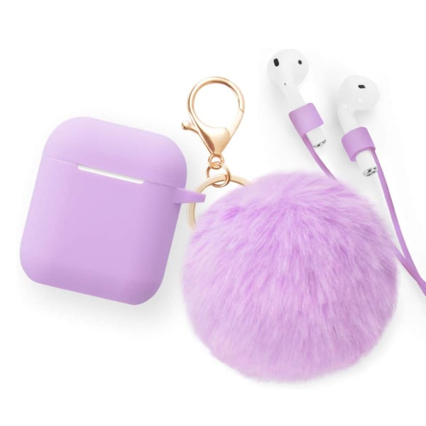 Case med Fur Ball Nyckelring för Apple Airpod 2 & 1 Light Purple
