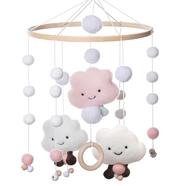 Mobil baby uro, mobil baby pige, mobil baby træ med filtkugler 3D skyer, mobil baby pige sengeklokke vedhæng, pink_ NN