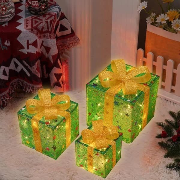Christmas Decorations 3-Pack with LED, Illuminated Gift Boxes Indoor & Outdoor with 8 Modes and Remote Control