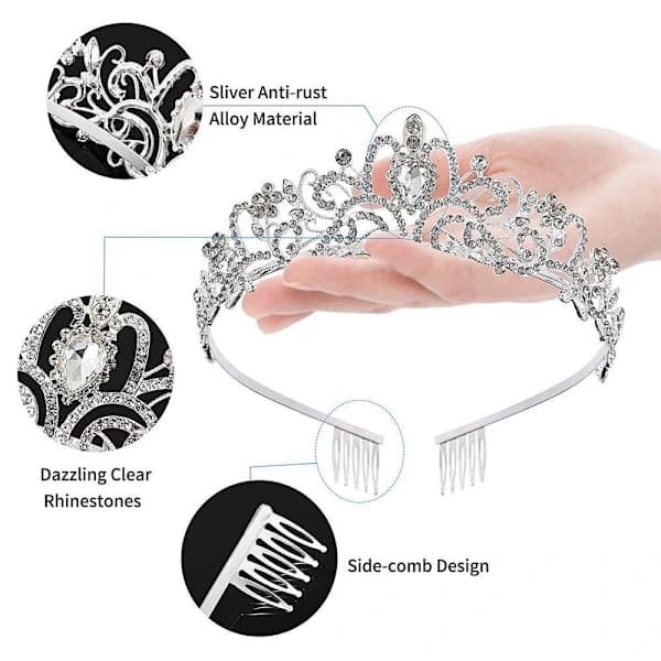 Kristall Rhinestone Krone Hårkrone Tiara SØLV Sølv