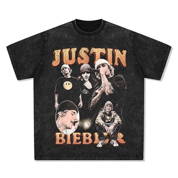 Justin Bieber Printing Hip Hop Street Långärmad Kortärmad T-shirt Retro Vattentvätt XXXL Black short sleeve