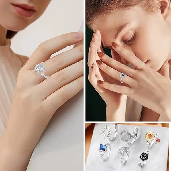 Fidgetringe til kvinder, spinnerring mod angst, justerbart CZ solsikke sommerfugl rose stjerne måne stressreducerende åbne ringsæt