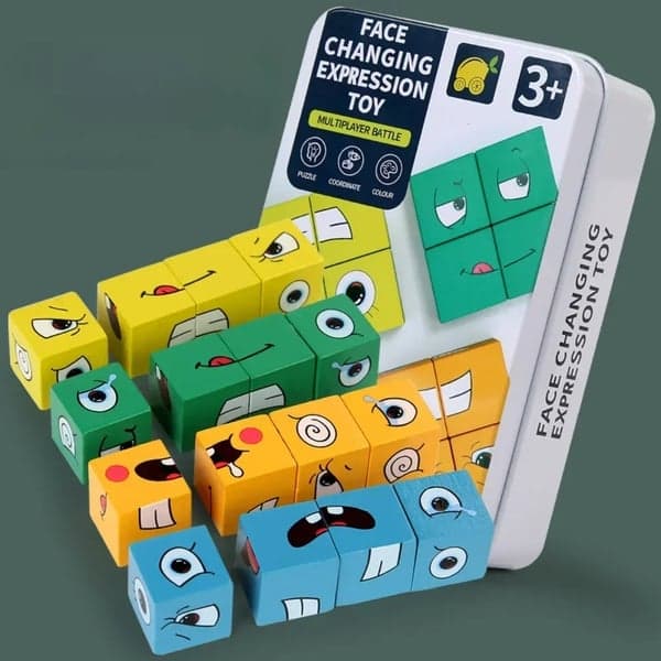 Kub Ansiktsbytes Träpussel Byggstenar Brädspel Montessori Uttryck Träblock Blocos För Barn Leksaker Present