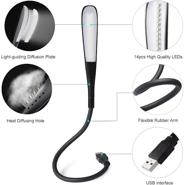 NA/Dæmpbar USB-lampe Læselampe med 3 lysstyrkeniveauer og trykknap til bærbar computer