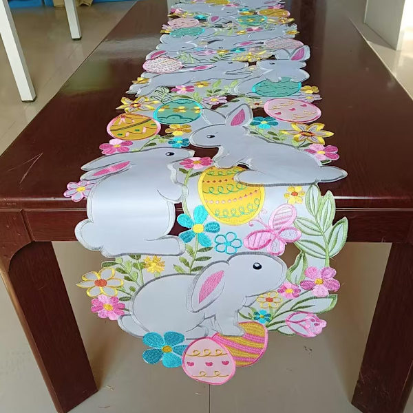 Embroidered Table Runner with Plaid Rabbit Pattern, Easter Spring Rabbit Floral Butterfly Egg Table Runner 35 x 175 cm for Easter