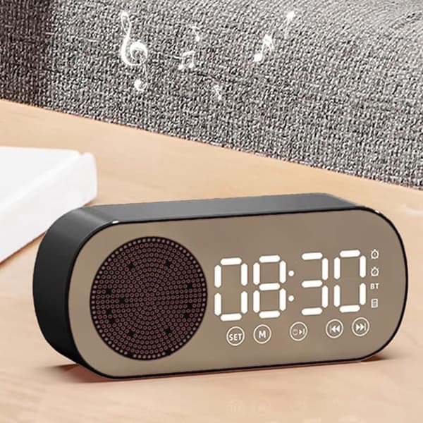 Digital väckarklocka Bluetooth-högtalare med LED-spegeldisplay och dubbla alarm för sovrum, svart