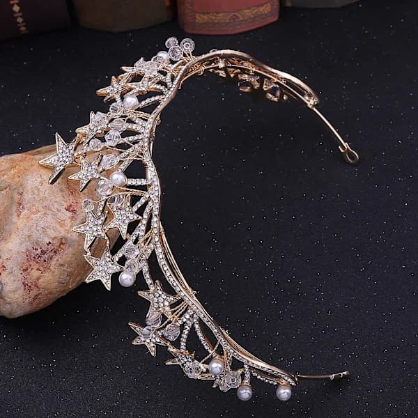 Stjerne Rhinestone Krone Krystall Perle Hårbånd GULL gull