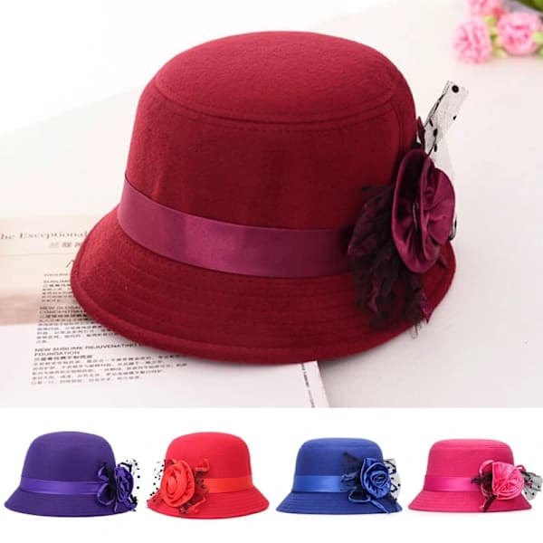Filt Hat Fall Cloche Spand Blomster Hat Elegant Dame vinrød