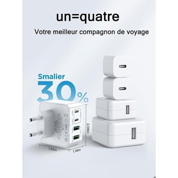 {NT}USB-C Laddare, USB Strömadapter - 40W - 4 Portar (Dubbel USB-C Port + Dubbel USB-A Port) - Snabbladdare för Telefon, iPad, Samsung Galaxy