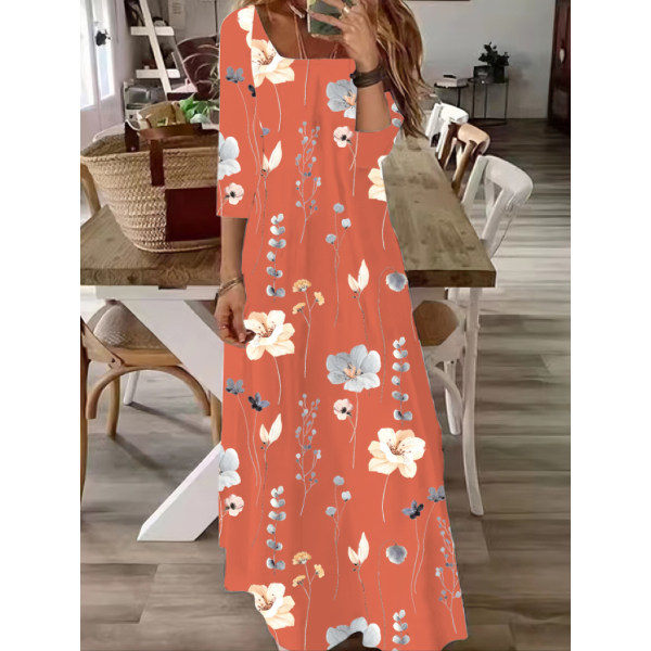 Trendig Elegant Tryckt Klänning Lång Jumpsuit Orange Röd 5XL