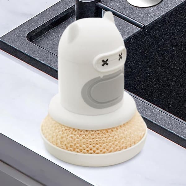 Diskborste med tvåldispenser, kattformad skursvamp för diskbänken, repfri diskborste för kastruller och pannor, vit