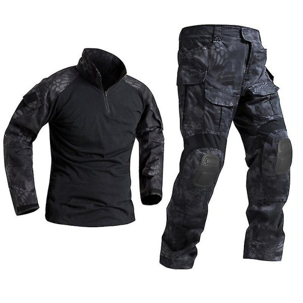 Män Militär Taktisk Uniform Skjorta Stridsbyxor Kostym med knäskydd Armékläder Airsoft Paintball Kamouflage Arbetskläder XL Black