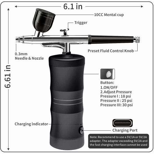 Airbrush Kit med kompressor Bärbar mini luftborste sprutpistol med kompressor kit Enkel dubbelverkande färgsats-svart