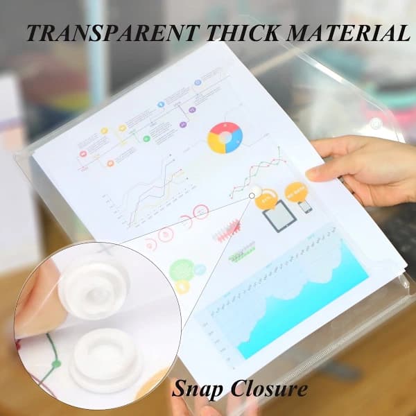 Waterproof Folder - Plastic Envelopes - 12 Pack - Transparent A4 Letter Size - with Snap Closure - Suitable for Schools and Offices.