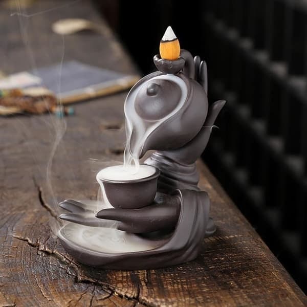 {NT}Keramisk backflow røgelsesholder - Buddha håndformet røgelsesbrænder hængende potte - til kontor, yogarum (sort)