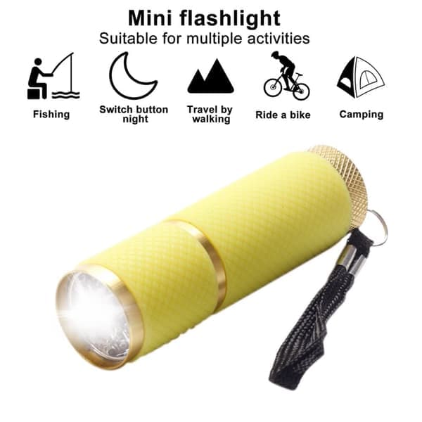 9LED mini lommelykt med snor, campinglys, vanntett aluminiumslegering, lommelykter (gul)