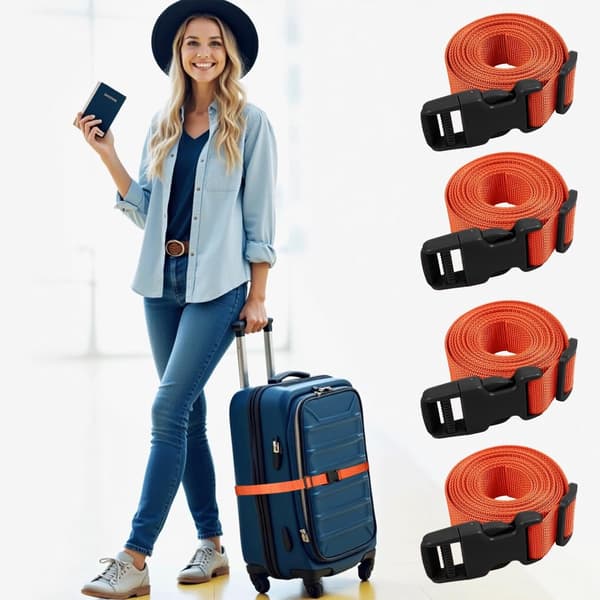 Bagageremmar 4-pack, justerbara med plastspännen, 198 cm långa, 2,5 cm breda, för resväskor, väskor och flytt, orange