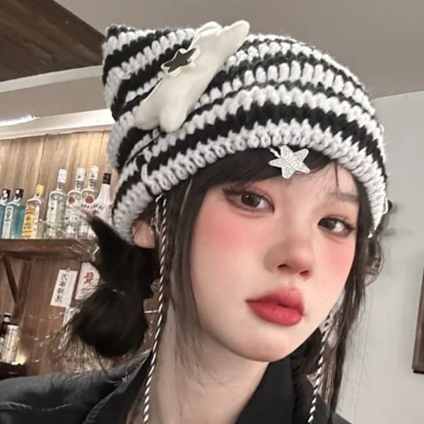 Kat Øre Hårbolde Beanies Hue SVART&VIT sort&hvid