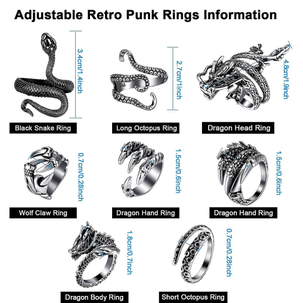 8st Vintage Punk Ringar Octopus Dragon Snake Justerbar Ring