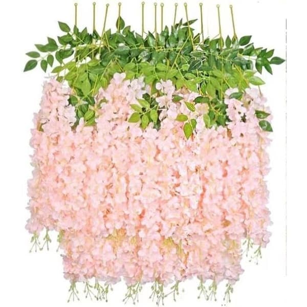 {NT}12 kpl keinotekoisia kukkia roikkuva Wisteria-seppele (vaaleanpunainen)