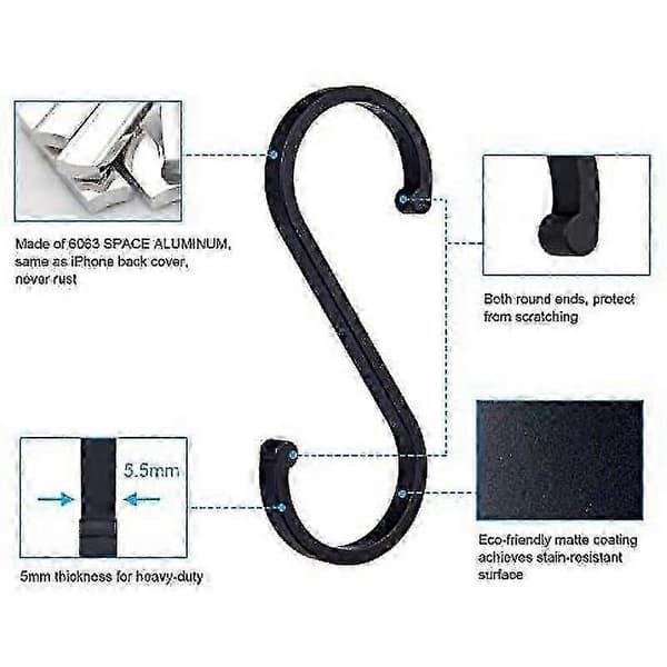 12-pack Black Aluminum S-Hooks for Kitchen, Wardrobe & Garage Storage