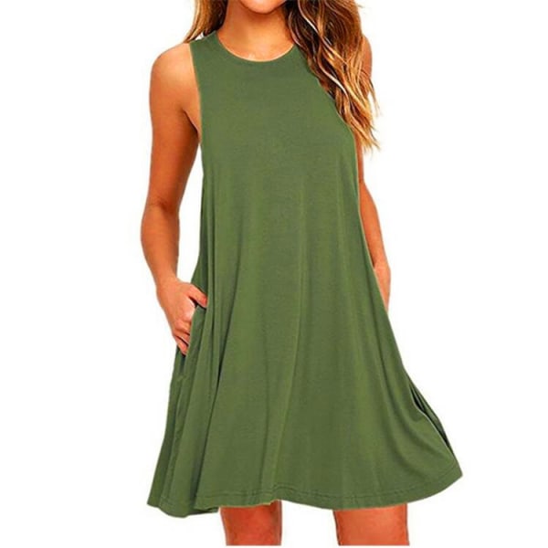 Damklänningar Sommar Casual Cover up Plain Pleated Tank Dress Green XXL