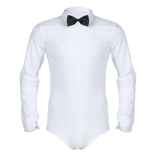 Latinamerikansk dansskjorta för herrar med fluga, jumpsuit i ett stycke, balsalsdanskläder för män, långärmad bodysuit, vit M_ NN