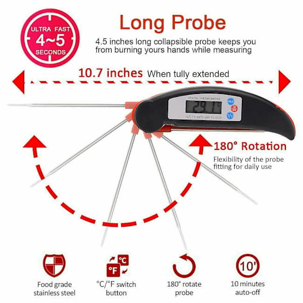 Elektronisk madlavningstermometer med timer, multifunktionel grilltermometer, sort