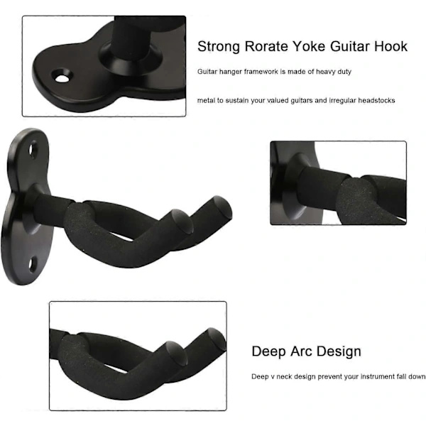 2-pack Gitarrhållare Väggfäste Gitarrhängare, Gitarr Väggfäste Display Fäste Krokar för Elgitarr, Klassisk Akustisk Gitarr, Bas Svart
