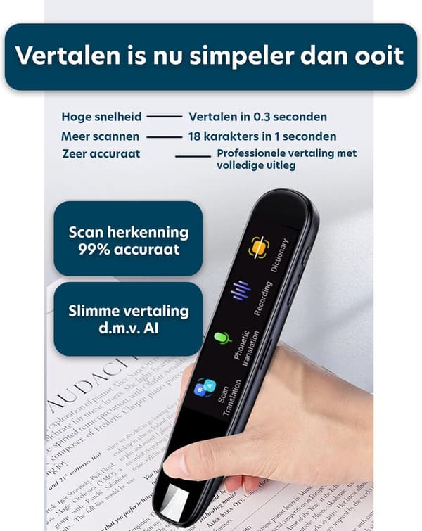 Smart Scanner Oversætterpen med Stemme- og Tekstoversættelse, Læsehjælp til Studie, Rejse, Arbejde, Sort
