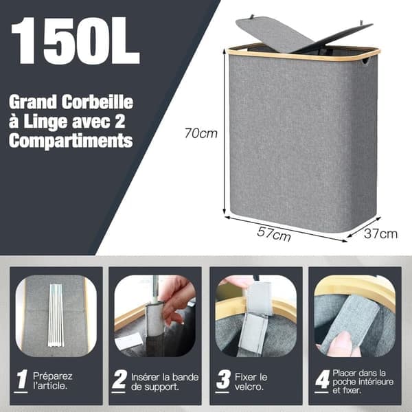 Laundry Basket with 2 Compartments - 150L Laundry Hamper with Lid & Removable Bags for Bedroom & Laundry Room