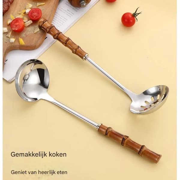 Steel Spoons with Bamboo Handle 2-Pack, Long Spoons for Soup, Colander for Kitchen, Durable and Comfortable Kitchen Utensils