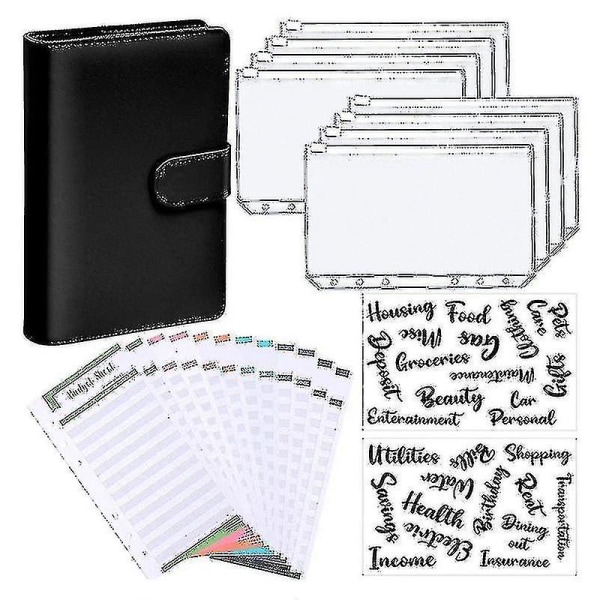 A6-pärm Budget Planner Notebook-omslag Mappstorlek 6-hålsfickor Plastdragkedja Pengsparande kuvert Black