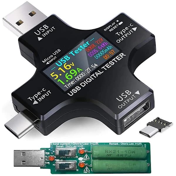 USB C-tester, 2-i-1 Type C USB-tester Farveskærm IPS Digital Multimeter, Spænding, Strøm, Effekt, Temp