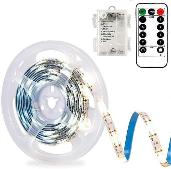 3m Batteridrevne LED-striper med Fjernkontroll, LED-striper Vanntette, 8 Moduser, Dimbar, Timer, Selvklebende (Kaldhvit)