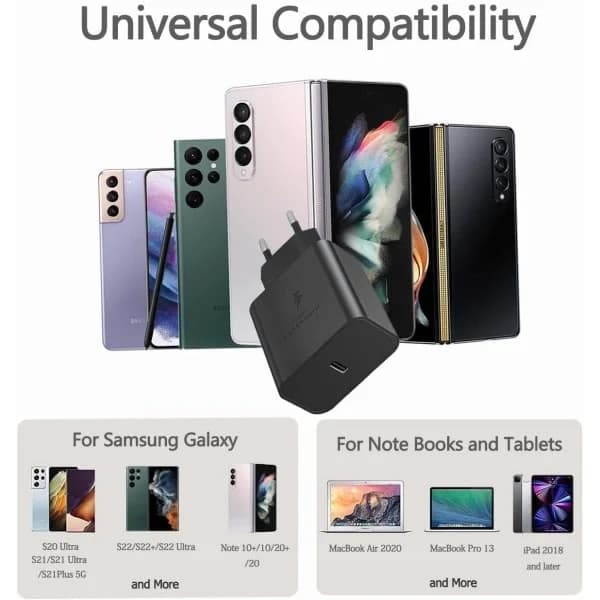 Hurtiglader 45W til Samsung USB-C + 2M USB C-kabel - EU - Sort