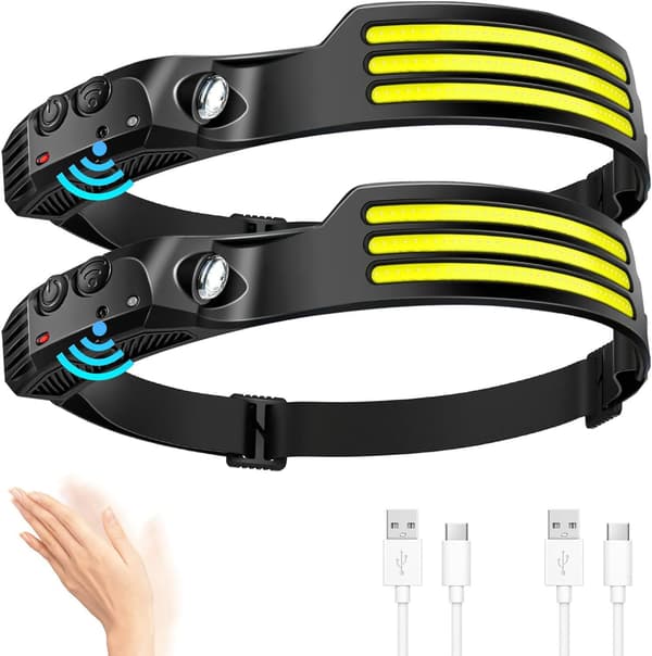 Headlamp 2-Pack, Rechargeable, 1200 Lumens, 230° Wide Beam, Super Bright Headlight, Black