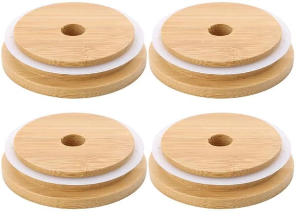 4-pack breda murarburkslock, återanvändbara bambukonserveringslock med sugrörshål, läckagesäkra, 86 mm