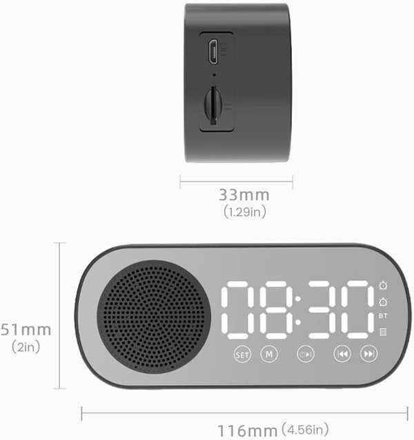 Digital väckarklocka Bluetooth-högtalare med LED-spegeldisplay och dubbla alarm för sovrum, svart