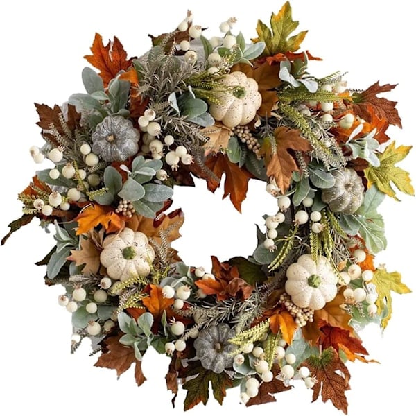 Høstkrans for ytterdøren, høstens kunstige krans med lønneblader, hvite gresskar og bær for Thanksgiving vindusveggdekorasjon S_ NN