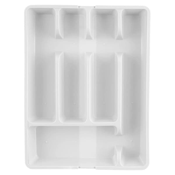 Justerbar hvid plastbestikorganisator med 5-7 rum_NN